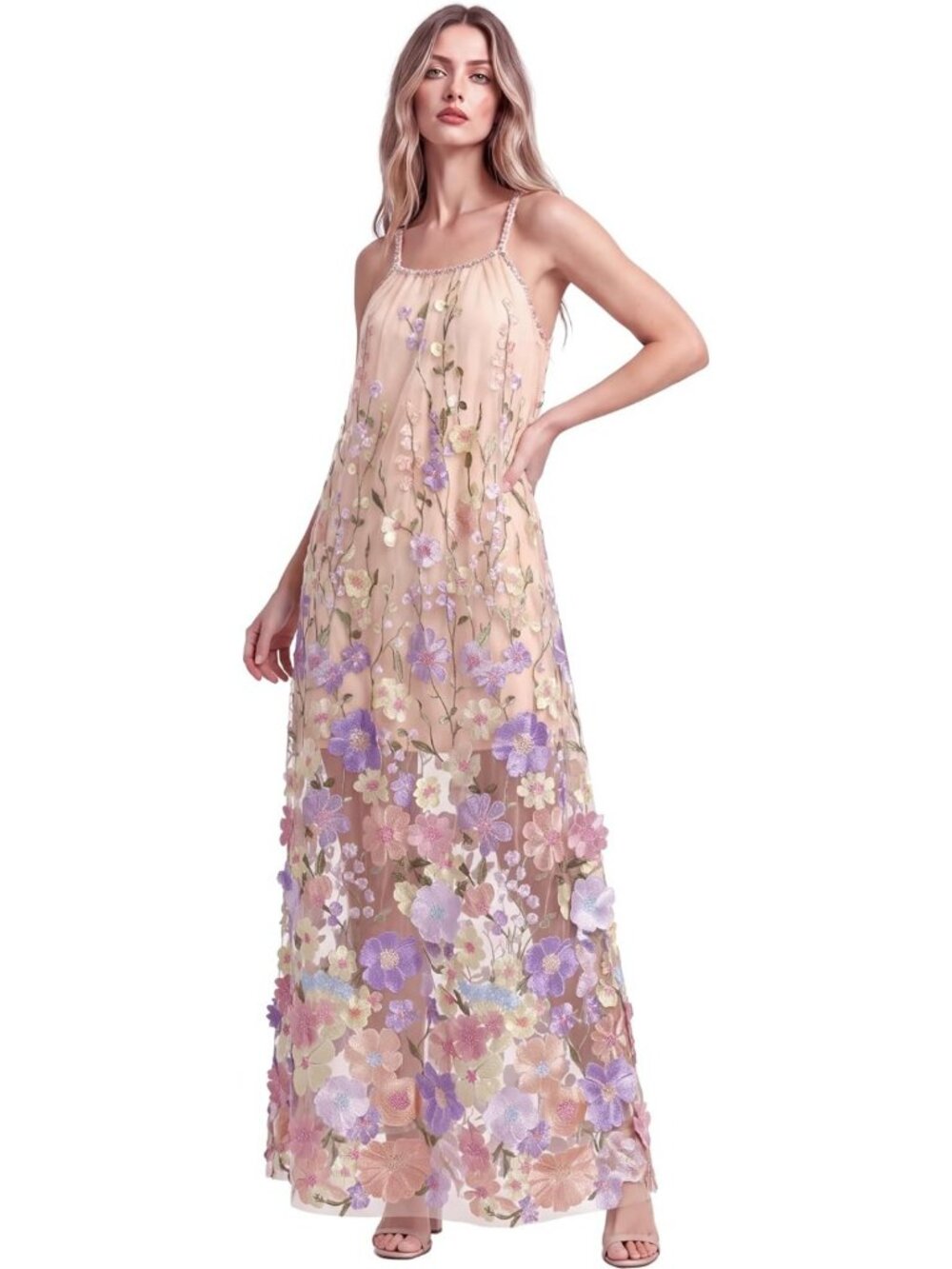Elegant 3D Floral Embroidery Tulle Maxi Dress for Wedding Guests & Special